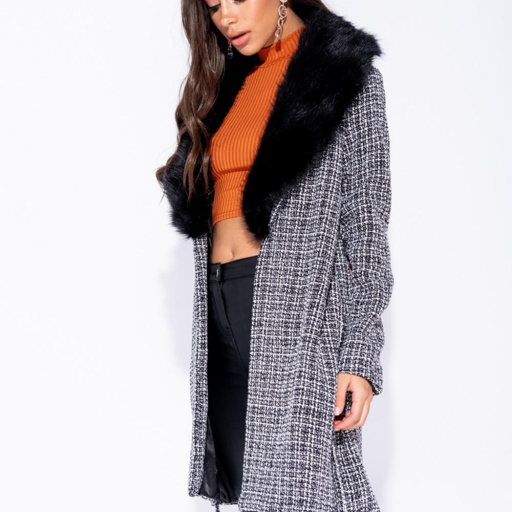 SALE! LAST 1! Plaid Fur Collar Trench Coat Jacket - Picture 5 of 8